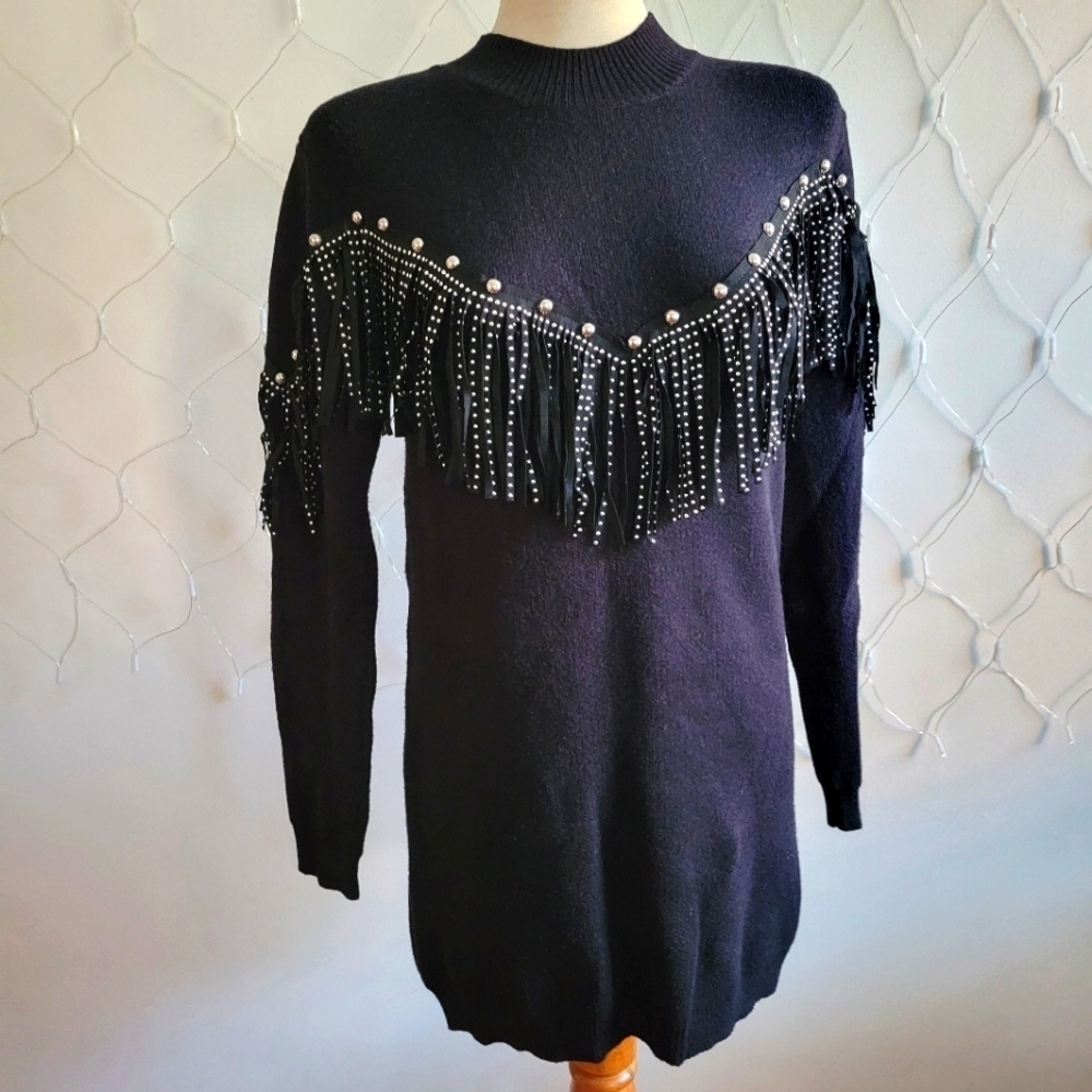 Thick & Warm Akira Chic Black Sweater w/ Fringe & Studs • Size Small-Medium